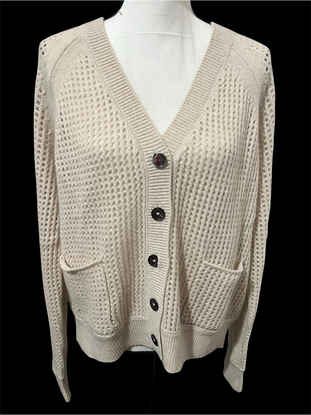 Brazeau tricot cashmere perforated v-nk cardigan sweater medium